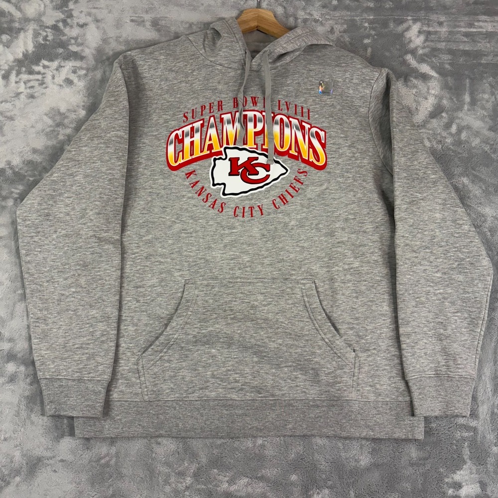 Kansas City Chiefs Fanatics Super Bowl LVIII Champions Hoodie Gray Size XL NWT